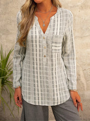 Blouses Striped V-Neck Pocket Long Sleeve Blouse for Women