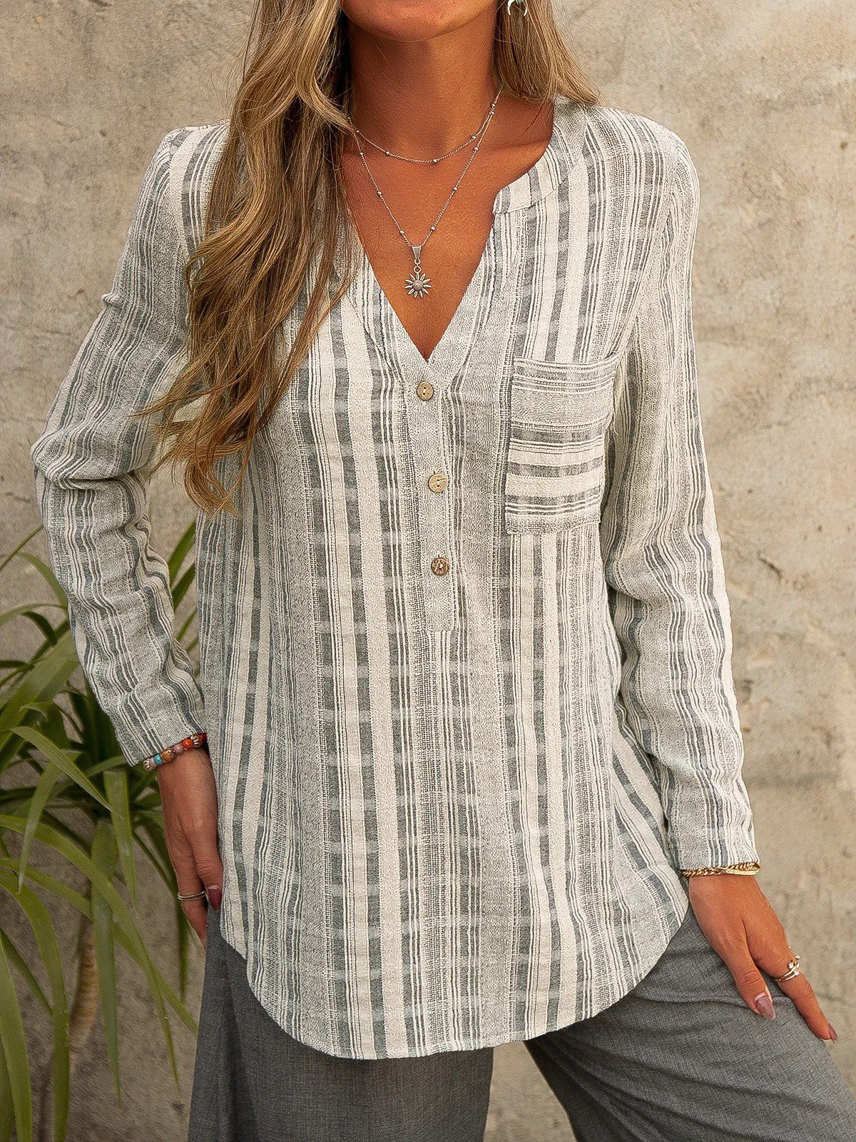 Blouses Striped V-Neck Pocket Long Sleeve Blouse for Women