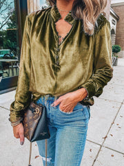 Blouses V-Neck Button Gold Velvet Long Sleeve Blouse for Women