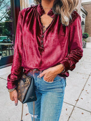 Blouses V-Neck Button Gold Velvet Long Sleeve Blouse for Women