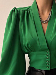 Blouses V-Neck Button Lantern Long Sleeve Blouse for Women