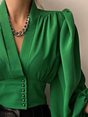 Blouses V-Neck Button Lantern Long Sleeve Blouse for Women