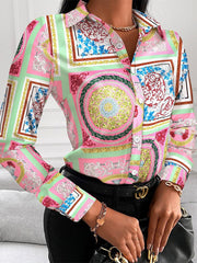 Blouses V-Neck Button Printing Long Sleeve Blouse for Women