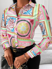 Blouses V-Neck Button Printing Long Sleeve Blouse for Women
