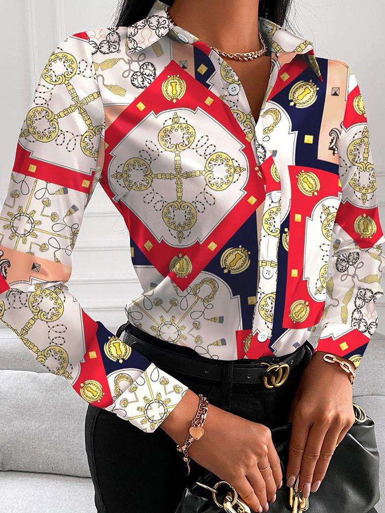 Blouses V-Neck Button Printing Long Sleeve Blouse for Women