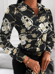 Blouses V-Neck Button Printing Long Sleeve Blouse for Women
