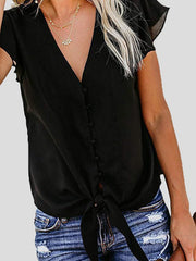 Blouses V-Neck Buttoned Ruffle Sleeves Chiffon Blouse for Women
