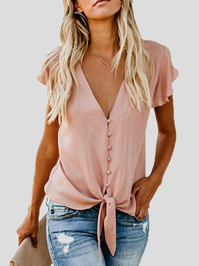 Blouses V-Neck Buttoned Ruffle Sleeves Chiffon Blouse for Women