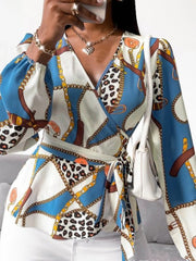 Blouses V-Neck Chain Print Tie Long Sleeve Blouse for Women