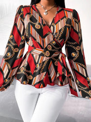 Blouses V-Neck Chain Print Tie Long Sleeve Blouse for Women