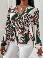Blouses V-Neck Chain Print Tie Long Sleeve Blouse for Women