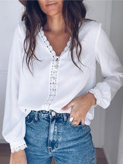 Blouses V-Neck Lace Buttons Long Sleeves Blouse for Women