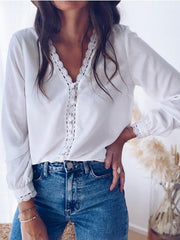 Blouses V-Neck Lace Buttons Long Sleeves Blouse for Women