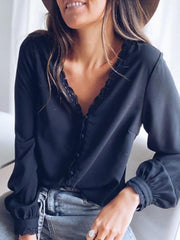 Blouses V-Neck Lace Buttons Long Sleeves Blouse for Women