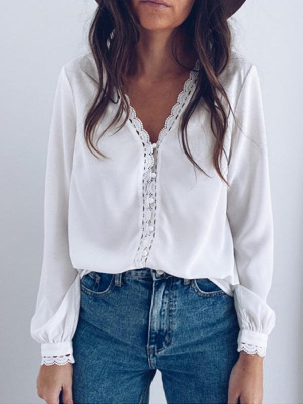 Blouses V-Neck Lace Buttons Long Sleeves Blouse for Women