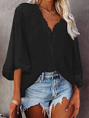 Blouses V-Neck Lace Flare Sleeve Blouse for Women