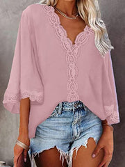 Blouses V-Neck Lace Flare Sleeve Blouse for Women