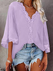 Blouses V-Neck Lace Flare Sleeve Blouse for Women