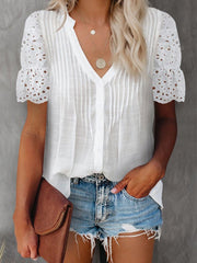 Blouses V-Neck Lace Pleated Short Sleeve Blouse for Women