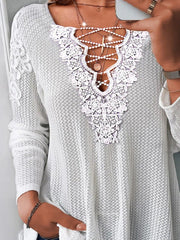 Blouses V-Neck Lace Stitching Long Sleeve Blouse for Women