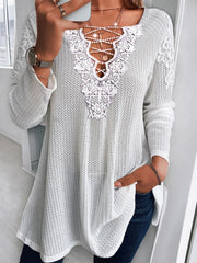 Blouses V-Neck Lace Stitching Long Sleeve Blouse for Women