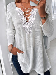 Blouses V-Neck Lace Stitching Long Sleeve Blouse for Women