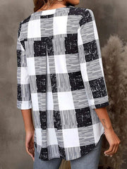 Blouses V-Neck Plaid Print Three-Quarter Sleeves Blouse for Women