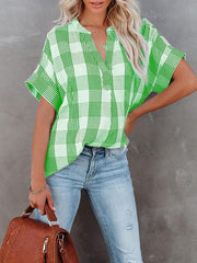 Blouses V-Neck Plaid Short Sleeve Blouse for Women