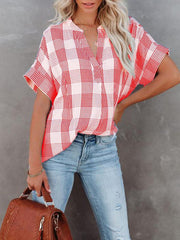 Blouses V-Neck Plaid Short Sleeve Blouse for Women