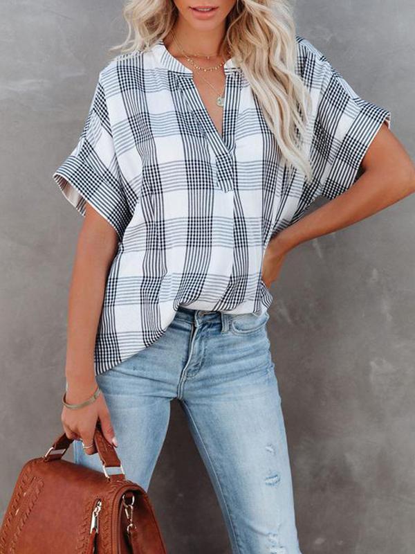Blouses V-Neck Plaid Short Sleeve Blouse for Women