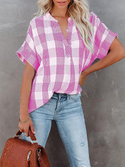 Blouses V-Neck Plaid Short Sleeve Blouse for Women