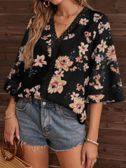 Blouses V-Neck Printed Panel Lace Flare Sleeves Blouse for Women