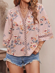 Blouses V-Neck Printed Panel Lace Flare Sleeves Blouse for Women