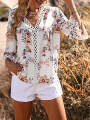 Blouses V-Neck Printed Panel Lace Flare Sleeves Blouse for Women