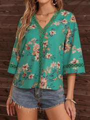 Blouses V-Neck Printed Panel Lace Flare Sleeves Blouse for Women