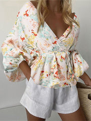 Blouses V-Neck Printed Waist Tie Long Sleeve Blouse for Women