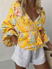 Blouses V-Neck Printed Waist Tie Long Sleeve Blouse for Women