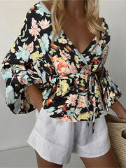 Blouses V-Neck Printed Waist Tie Long Sleeve Blouse for Women