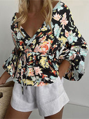Blouses V-Neck Printed Waist Tie Long Sleeve Blouse for Women