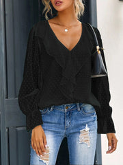 Blouses V-Neck Ruffle Lantern Sleeve Commuter Chiffon Blouses for Women