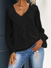 Blouses V-Neck Ruffle Lantern Sleeve Commuter Chiffon Blouses for Women