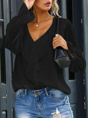 Blouses V-Neck Ruffle Lantern Sleeve Commuter Chiffon Blouses for Women