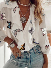 Blouses V-Neck Ruffle Long Sleeve Chiffon Blouse for Women
