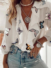 Blouses V-Neck Ruffle Long Sleeve Chiffon Blouse for Women