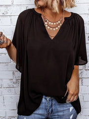 Blouses V-Neck Solid Short Sleeve Blouse for Women