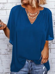 Blouses V-Neck Solid Short Sleeve Blouse for Women
