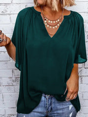 Blouses V-Neck Solid Short Sleeve Blouse for Women