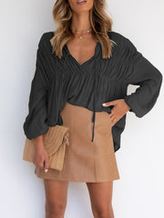 Blouses V-Neck Tie Gathered Long Sleeve Blouse for Women