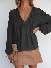 Blouses V-Neck Tie Gathered Long Sleeve Blouse for Women