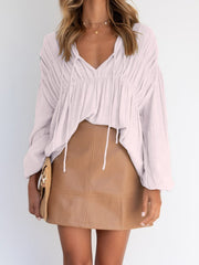 Blouses V-Neck Tie Gathered Long Sleeve Blouse for Women